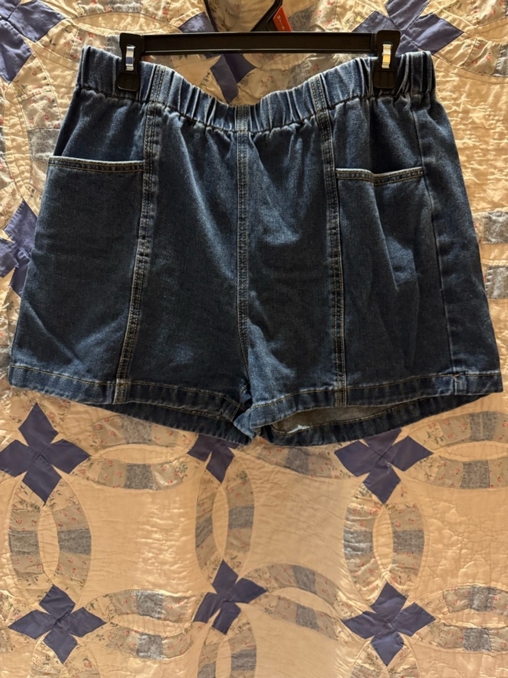 High-Rise Elastic-Waist Denim Shorts - Dark Blue
